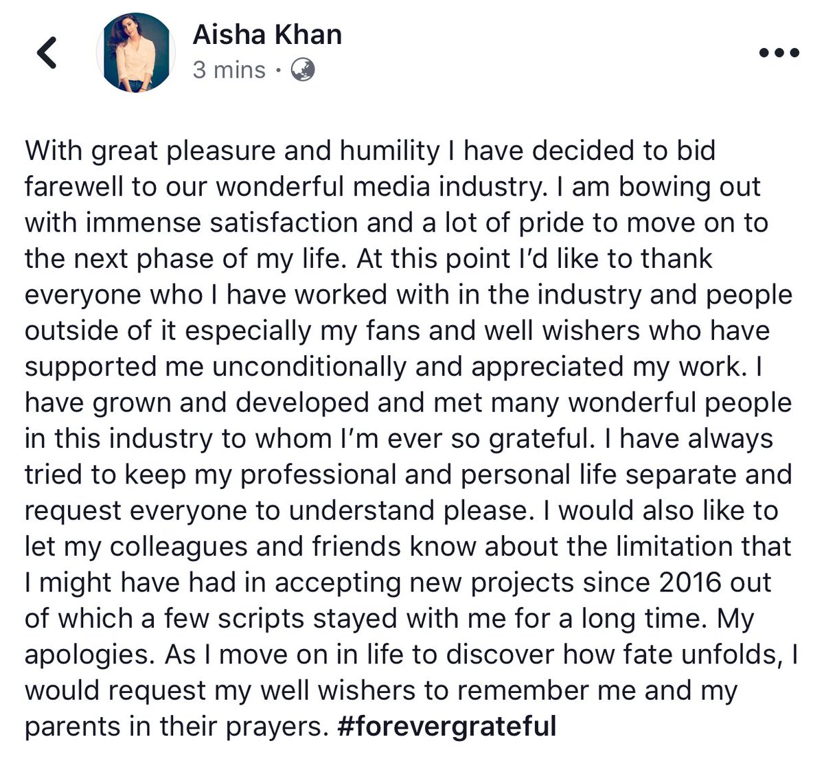 Aisha Khan announces quitting media industry